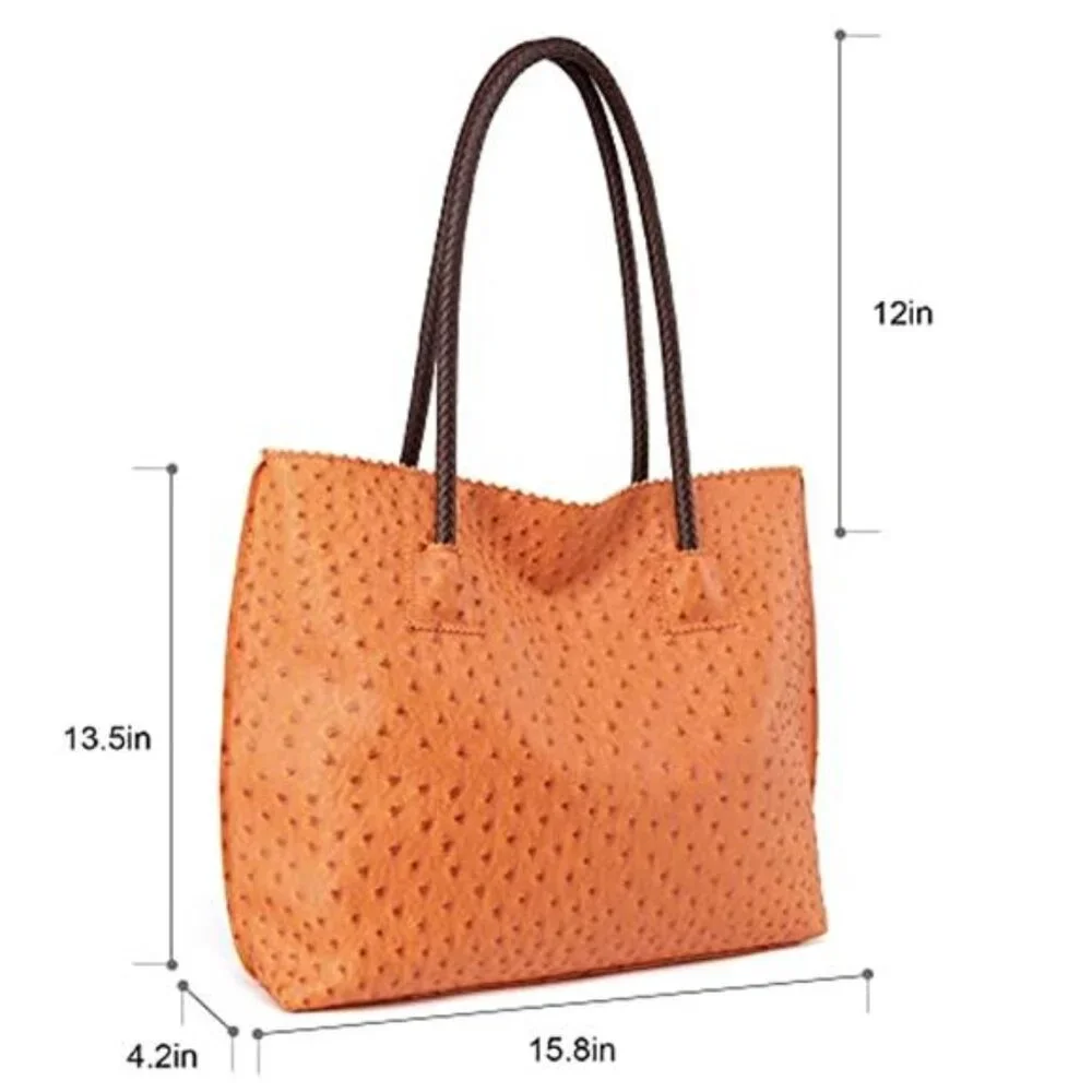 VEGAN OSTRICH Style Leather Cruelty Free Large Capacity Honey Orange TOTE Bag